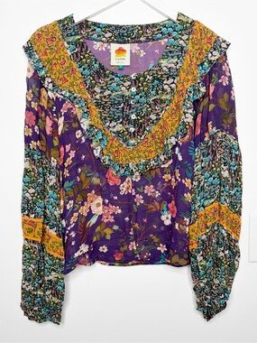 Farm Rio Purple Floral Print Long Sleeve Blouse